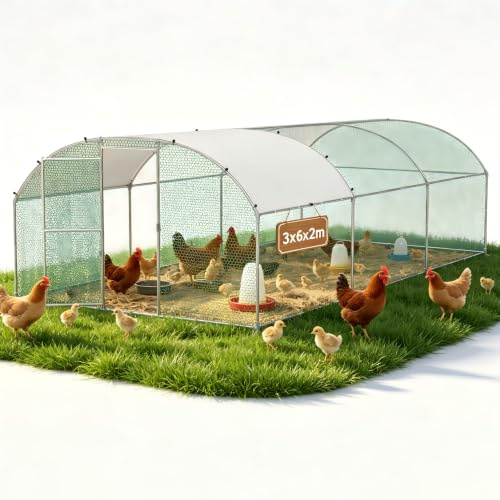 Suusolny Freilaufgehege Bogen Dach 3x6x2m,Hühnerstall aus Verzinkter Stahl Mit PE Dachabdeckung,Verdickte PVC Verbinder &Riegel für Haustierkäfig Hühnerkäfig Kleintiere Pflanzen | Verstärkte PVC-Verbinder & sichere Riegel verhindern Ausbruch von Kleintieren