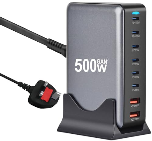 500W USB C Fast Charger Station, 8 Port GAN USB Charging Station Hub, Multi Port USB C Charger Compatible with iPhone 17/17 Pro/16/16 Pro, MacBook Air, iPad Pro, Dell XPS, Samsung Galaxy S23 S22