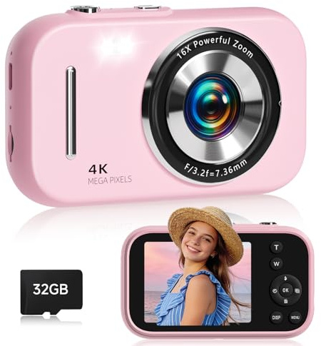 Fotocamera digitale, fotocamera compatta 4K 48 MP per bambini e adolescenti, zoom 16X anti vibrazione, 21 filtri, griglia di inquadratura, data, rallentatore, funzione MP3, scheda SD da 32 GB, piccola