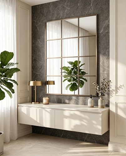 Koonmi Rectangular Grid Bathroom Wall Mirror, 120 x 76 cm, Bronze | Tempered glass, Shatter-resistant design, Decorative grid design, Suitable for bathrooms and hallways/entryways