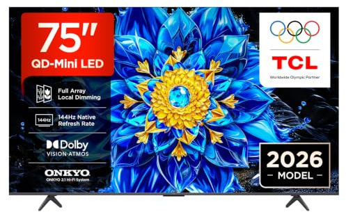 TCL 75P8L-UK 75 Inch QD-Mini LED 4K HDR Ultra HD TV, Smart Google TV (Dolby Vision, HDR10+ & Atmos, 144Hz VRR, FreeSync Premium, Onkyo 2.1 sound, Game Master, Voice Control, 2026 New Model)