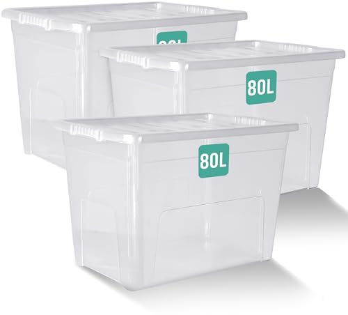 Klass 3 PCS 80L Plastic Storage Boxes With Lids Large Storage Box Clear Lid