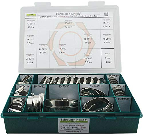 Set Schlauchschellen Breite 12mm Spannbereiche von 12-70mm W4 Edelstahl A2 | Sortiment Schlauchschellen Bandbreite 12 mm Spannbereiche 12 bis 70 mm Sortiment mit 45 Teilen W4 A2 V2A