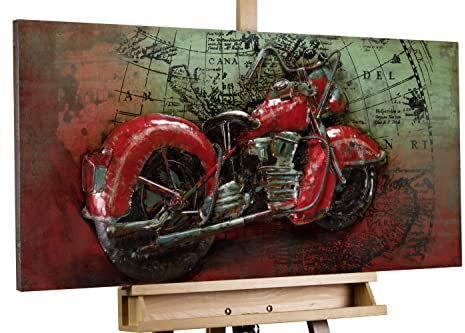 KunstLoft Metallbild 3D | 100% HANDGEFERTIGT | 100x50x6,5cm | Wandbild Metall Deko 'Eisernes Pferd' | Motorrad | Grau Rot | Metall Wanddeko Wohnzimmer