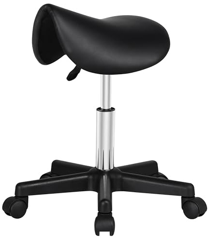 Yaheetech Sgabello a Sella con Ruote Regolabile in Altezza Sedia Estetista | Ergonomico e Professionale,per Parrucchieri, Estetiste e Truccatori, Dotato di Seduta Confortevole e Base Stabile, Nero