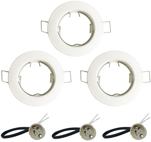 3 Pack GU10 Round Downlight Bezel Trim Ring White | Zinc Alloy Light Mounting Frame with GU10 Lamp Holder for Ceiling Spotlight MR16 and 50mm Bulb Halogen Light Fitting