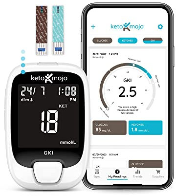 KETO-MOJO GKI Bluetooth Glucose & Ketone Testing Kit (mmol/L) + Free APP for Ketosis & Diabetes Management. 20 Blood Test Strips (10 Each), Meter, 20 Lancets, Lancing Device, and Control Solutions