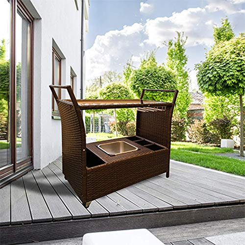 Chusstang Rattan Trolley Bar Outdoor Ice Cooler Table Rolling Serving Cart Rack Storage Shelf Swivel Wheels Handle Bar Party Garden Backyard Furniture