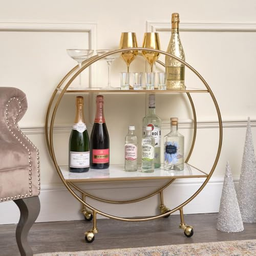 Melody Maison Gold & Marble Round Bar Cart Drinks Trolley