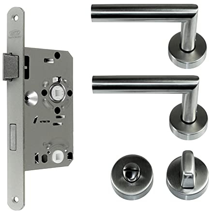 SN-TEC WC/BAD Komplett Set, Edelstahl Rosetten Beschlag L-Form (beidseitig Drücker) + Badezimmer BAD Schloss incl. (DIN Links)