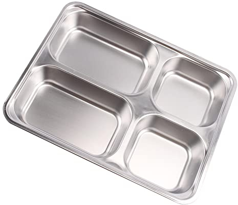Steel Divided Plates bricka - Rektangulära delade tallrikar med 4 fack - Middagstallrikar för barn, vuxna och campare, diskmaskinssäker, 3-facks tallrik Silver, set med 1 Gusengo