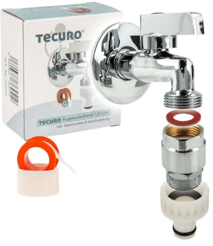 tecuro Mini-Kugelauslaufventil 1/2 Zoll x 3/4 Zoll mit Wandrosette, Rohrbelüfter & Steckkupplung, MS-verchromt - 22246-RWP