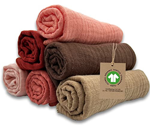 mimaDu - 6er Set Baby Spucktücher Musselin aus Bio-Baumwolle GOTS 25x25cm - Mini Babywaschlappen für Mädchen - Kleine Handtücher/Mulltücher weich, saugfähig - Waschlappen in Rot, Braun (Blossom)