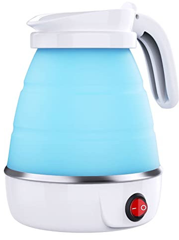 DUCHIFAD Travel Kettle, Foldable Mini Kettle for Travel, Camping Silicone Electric Water Boiler, Collapsible with Separable Power Cord Ideal Hiking and indoor, Blue (EK2023-kaihe)