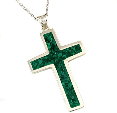 Echmeck Collier Pendentif Croix Malachite Verte en Argent Sterling Fait Main avec Chaîne 45+5cm - Unisexe