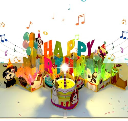 Geburtstagskarte mit Musik, Pop Up Hunde & Kuchen Geburtstagskarten mit Musik und Licht, 3D Pop Up Singende Karte Geburtstag Geschenke für Kinder Frau Männer
