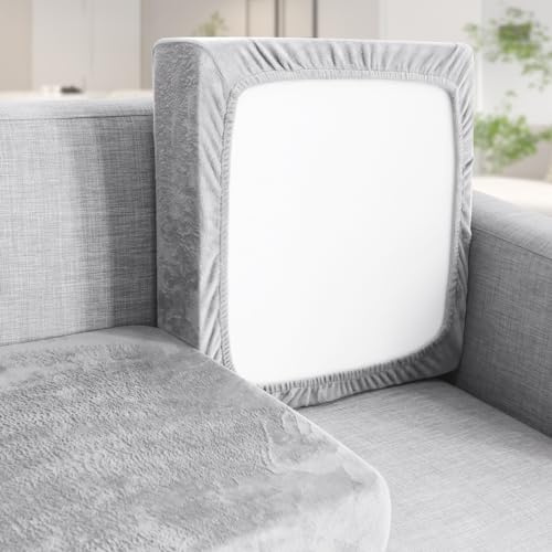 Teynewer Sofa Seat Cushion Cover, Soft Stretch Velvet, 3 Seater, Light Grey | Universal Non-Slip Couch Slipcover with Elastic Bottom, Protect Furniture from Pets, Ideal Replacement for Individual Cushion