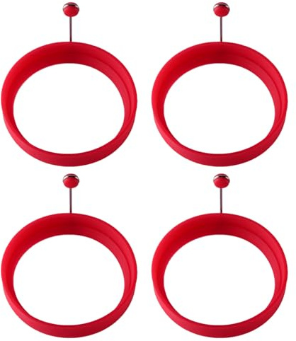 4 anillos de silicona para huevos, anillos antiadherentes para huevos fritos, moldes para panqueques con mango para cocinar huevos, panqueques, crumpets, magdalenas (rojo)