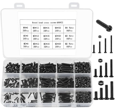 Heozhuyi 480 Piece Screws and Nuts Set - M2/M3/M4 Carbon Steel Round Head, Pan Head, Hex Bolts, Phillips Screws Combo