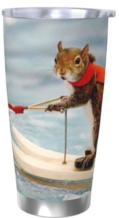 Trinkbecher mit Deckel und Strohhalm, Wasserski, Fuchs, Eichhörnchen, bedruckt, Reise-Kaffeebecher, Edelstahl, vakuumisoliert, für heiße und kalte Getränke, Geschenke für Männer und Frauen, 590 ml