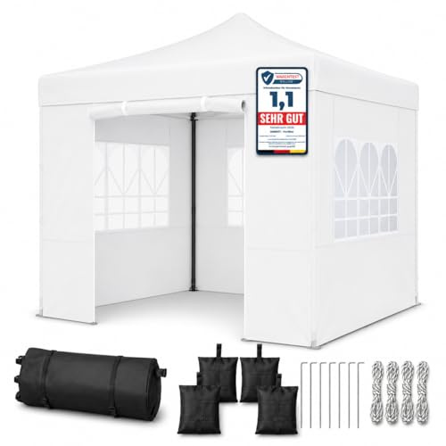 ONBEST Faltpavillon 3x3 m – Pop-up Pavillon mit Seitenwänden, Weiß | Outdoor-Pavillon mit großem Eingang, 3x3 Fenster-Seitenwänden und Tasche – faltbar für Garten, Camping und Terrasse