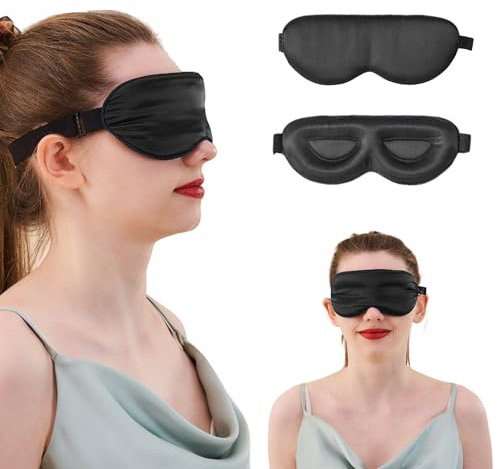 PROMEED Adjustable 100% Mulberry Silk Sleep Mask 23 Momme, 3D Contoured No-Pressure Cup Eye Mask for Sleeping, Super Soft Breathable Blindfold, Perfect Blocks Light for Sleeping (Black)