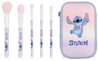 Disney Lilo & Stitch Makeupborstset för Kvinnor | Flerfärgade Sminkborstar med Förvaringsfodral med Dragkedja | Stitch Karaktärsborstfodral med 5 Sminkborstar för Ansiktet