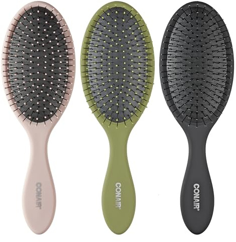 Conair Detangling Hair Brush Set, 3-Pack Detangler Brushes for Wet or Dry Hair, Gentle Detangler for All Hair Types, Bristle Hair Brushes for Women, Evergreen, Blush Pink, Black Assorted