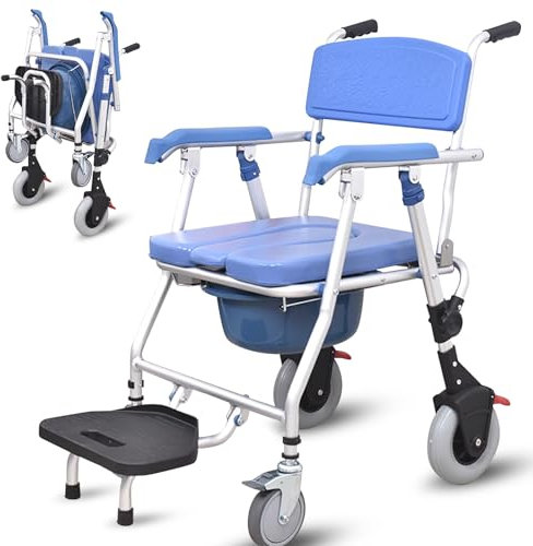 Aocay Toilettenstuhl mit Rollen, Klappbarer Toilettenstuhl für Senioren, Duschstuhl mit Armlehnen150kg, Toilettenstühle für Ältere, Behinderte und Schwangere, Hilfsmittel für Bad & WC