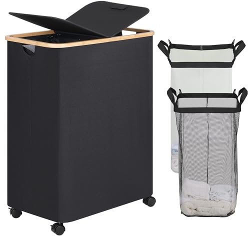 efluky Panier à linge avec couvercle, 2 compartiments, panier à linge avec roulettes, 160 l, grand bac à linge sale divisé, rangement avec 2 sacs à linge amovibles