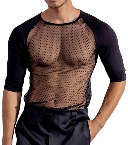 Camisa de Manga Larga Transparente para Hombre Muscle Tank Mesh Cuello Redondo Top de Rejilla Clubwear(XL)