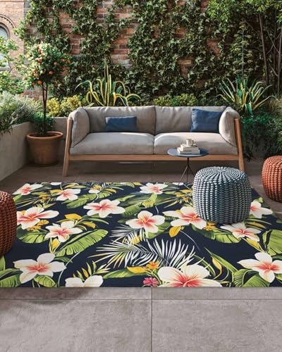 Outdoor Rugs for Patio 66x105in,Summer Lily Flower Palm Leaf on Black Indoor Outdoor Area Rug Floor Carpet Washable Camping Mats for Deck Backyard Porch Decor- Rustic Tropical Plant