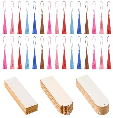 36 Set Blanko Holz Lesezeichen, Holz Lesezeichen Mit 36 Farben Quasten Bookmark Mit Löchern für DIY-Basteleien Handwerk Geschenke Tag