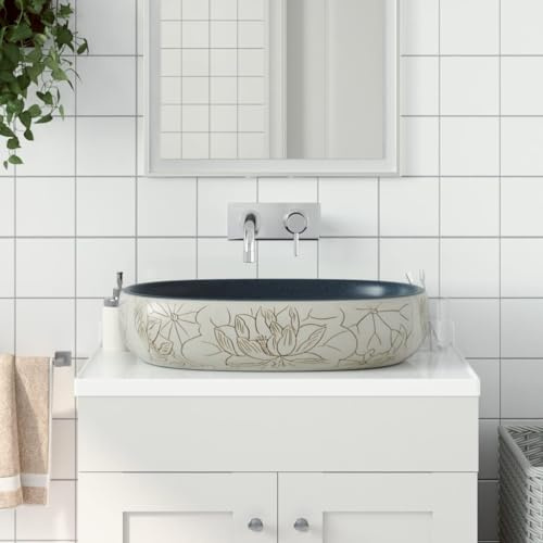 Lavabo da Appoggio Ovale in Ceramica, Design Vintage con Motivo Sabbia e Blu, Per Bagno o Toilette, Facile da Pulire, 59 x 40 x 14 cm