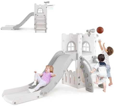 HOMASIS 9 in 1 Kinderrutsche Indoor, Kinder Rutsche mit Basketballkorb Teleskop Kletterleiter Stauraum usw., Outdoor Babyrutsche Spielplatz Rutschenset für Kinder ab 1 Jahr (Weiß+Grau)