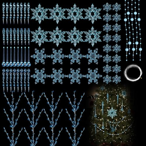Chunful 70 Pcs Crystal Ornaments for Tree Decorations 8 Styles Hanging Clear Blue Acrylic Snowflake Icicle Pendants 33 ft Beaded Garland Chain for Winter Wedding Party Decor