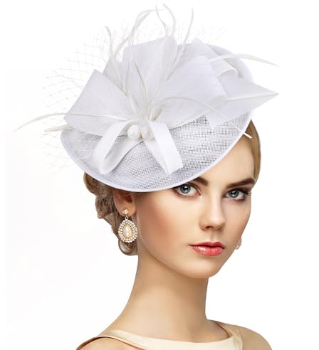 Damen Fascinator Kopfschmuck Karneval Haarreif Fasching Tea Party Hutte Frauen abnehmbarer Stirnband Feder Polyester Weiß