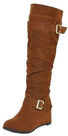 Generisch Fashion Women Belt Buckle Solid High Wedge Heel Long Boots, brown, 7 UK
