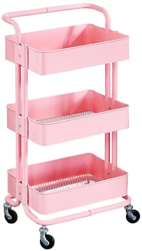 AMULONG Serving Trolley Carrello Cucina Carrello Portaoggetti Mobile Con Ruote In Metallo A 3 Livelli Di Servizio Per Cucina Dipensa o Bar(Pink)