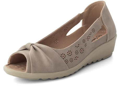 Cushion Walk Women's Extra Wide EEE Fit Sandals, Slip-On Peep Toe Low Wedge with Laser Cut Floral Pattern & Bow, Cushioned Insole Lightweight Summer Shoes