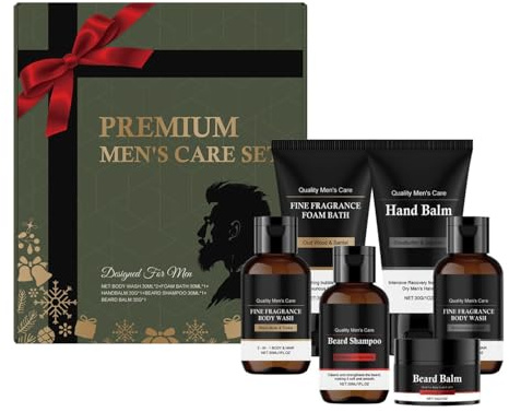 Premium vårdset för män i 6 delar – duschgel, skumande duschgel, handkräm, skäggschampo och skäggbalsam – hudvård presentset för män, presenter till män