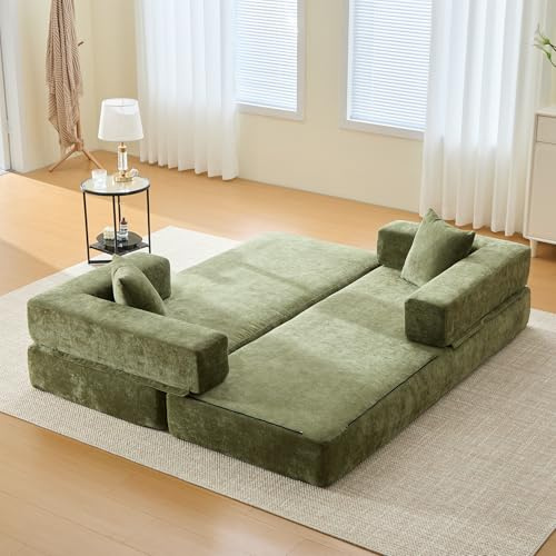Sapgaks Canapé Convertible 3 Places modulaire en Chenille,Canapé lit 2 Places à Compression,canapé 3 Places Convertible lit canapé Pliant,Poches de Rangement latérales,Fond antidérapant (Vert)