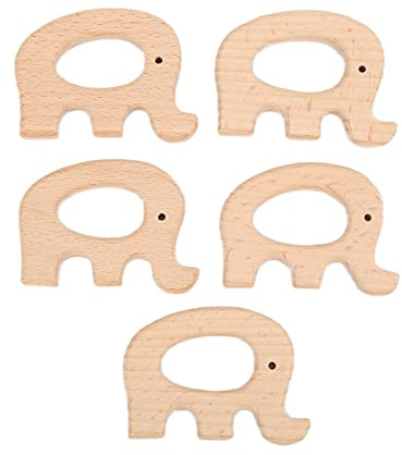 Fdit 5er-Pack Baby-Beißringe aus Natürlichem Holz, Beißringe aus Massivem Buchenholz für Kleinkinder von 0 Bis 12 Monaten, Montessori-Sensorik-Kaugeschenk für die Babyparty (Elefant)