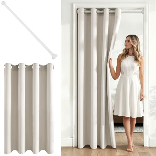 MRTREES Cortina Puerta Beige Claro con Barra Extensible 1 Pieza 140x195 CM