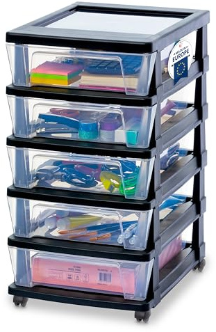 Iris Ohyama, Tour de rangement, 5 Tiroirs Compacts, Noir, KMC-350 | Caisson de bureau et organisateur sur roulettes. Un meuble rangement parfait comme rangement pour espace de travail
