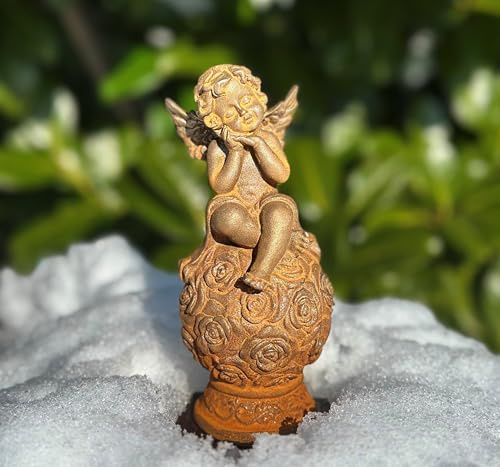 Skulptur Kleiner Engel auf Blumenkugel 16cm Gusseisen Figur Deko Vintage Eisenguss mit Rostpatina Gartenfigur Gartenskulptur Uhu Edelrost Wetterfest (Kleiner Engel auf Blumenkugel 16cm)