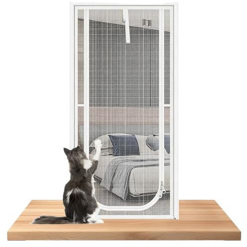 RNPKZ 90 x 210CM Cat Screen Door, Pet Screen Door, Fly ScreenDoor, Cat Door Screen with Double-Sided Zipper,Mesh Screens Doors for LivingRoom Kitchen Bedroom,Prevent Pet Escape,Keep Insect Out (White)