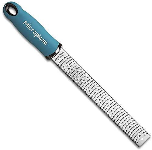Microplane Zester Grater in Turquoise for Citrus Fruits, Hard Cheese, Ginger, Chocolate and Nutmeg with Fine Stainless Steel Blade - Made in USA