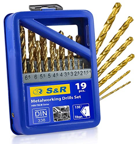 S&R Metallbohrer-Set 19-tlg, Metall Bohrerset HSS-G TiN, Präzisions Hochleistungsbohrer für Werkzeugstahl, Baustahl, Gusseisen, 1,0-10 mm, Titan-Nitrid beschichtet, DIN 1412 Schliff konisch 118 Grad