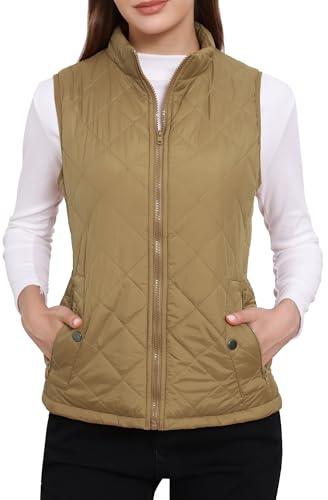 Allegra K Women's Body Warmer Stand Collar Lightweight Quilted Zip Jacket Gilet Khaki XL
